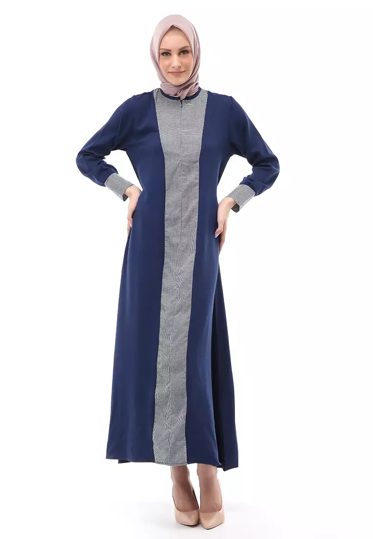 Nadira Gamis Long Dress Wanita Motif Polos Regular Fit - Navy