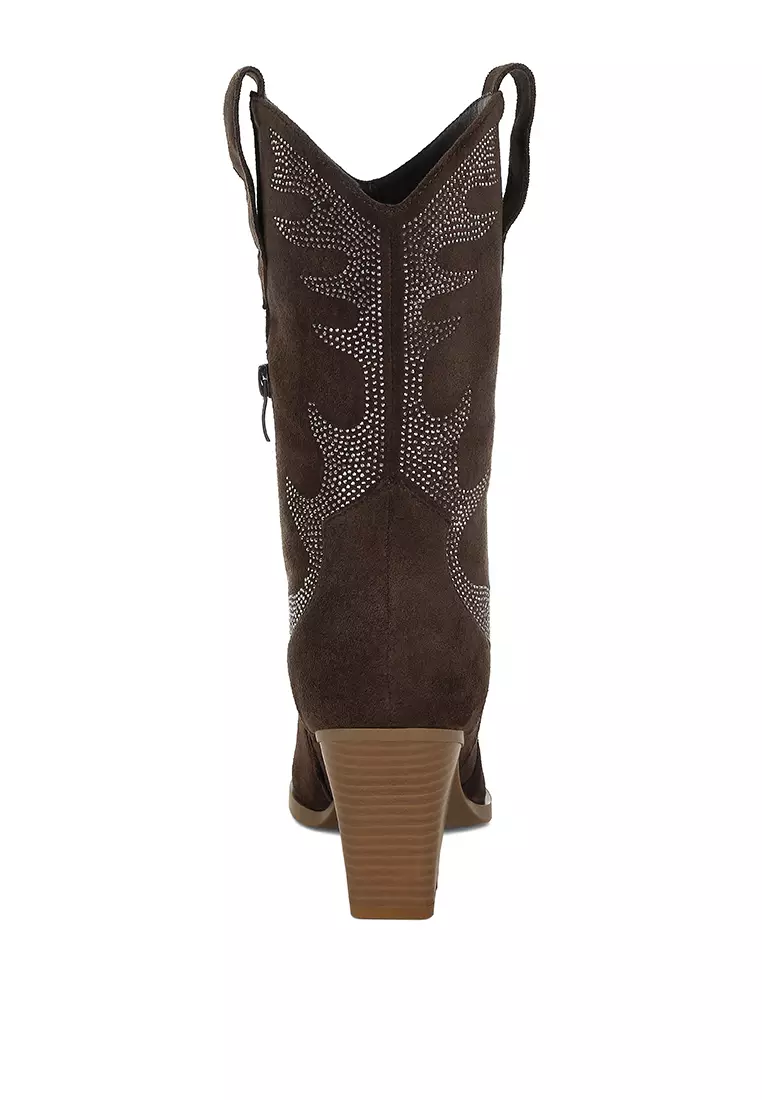 Rhinestones Embellished Calf Boots in Brown
