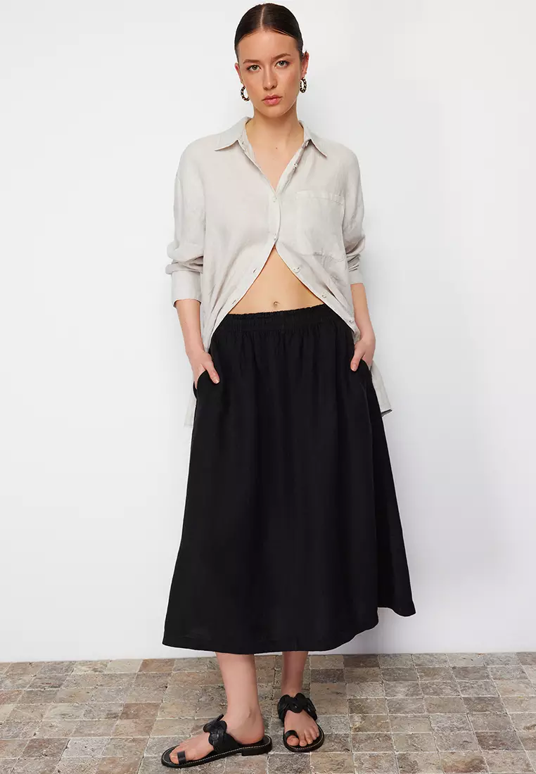 Linen Elastic Midi Skirt