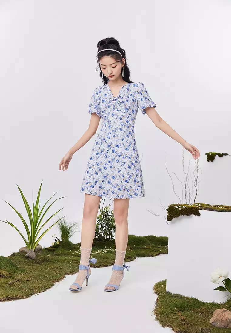 V-Neck Textured Floral Mini Dress