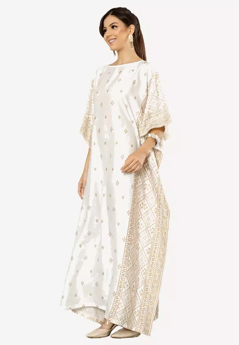 Kanzi Exclusive Short Sleeve Songket Side Kaftan White