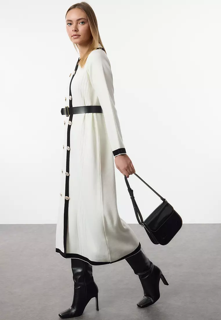 Belted Buttoned Knit Color Block Dress