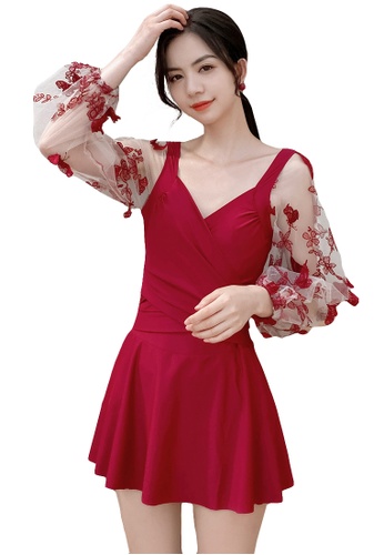 A-IN GIRLS red Elegant Gauze Flower One-Piece Swimsuit 443F9USEDC7168GS_1