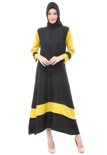 Evernoon black and yellow Aurel Dress Maxi Muslimah Wanita Polos Dual Tone Color Regular Fit - Black Lemon 57BA0AAE087643GS_1