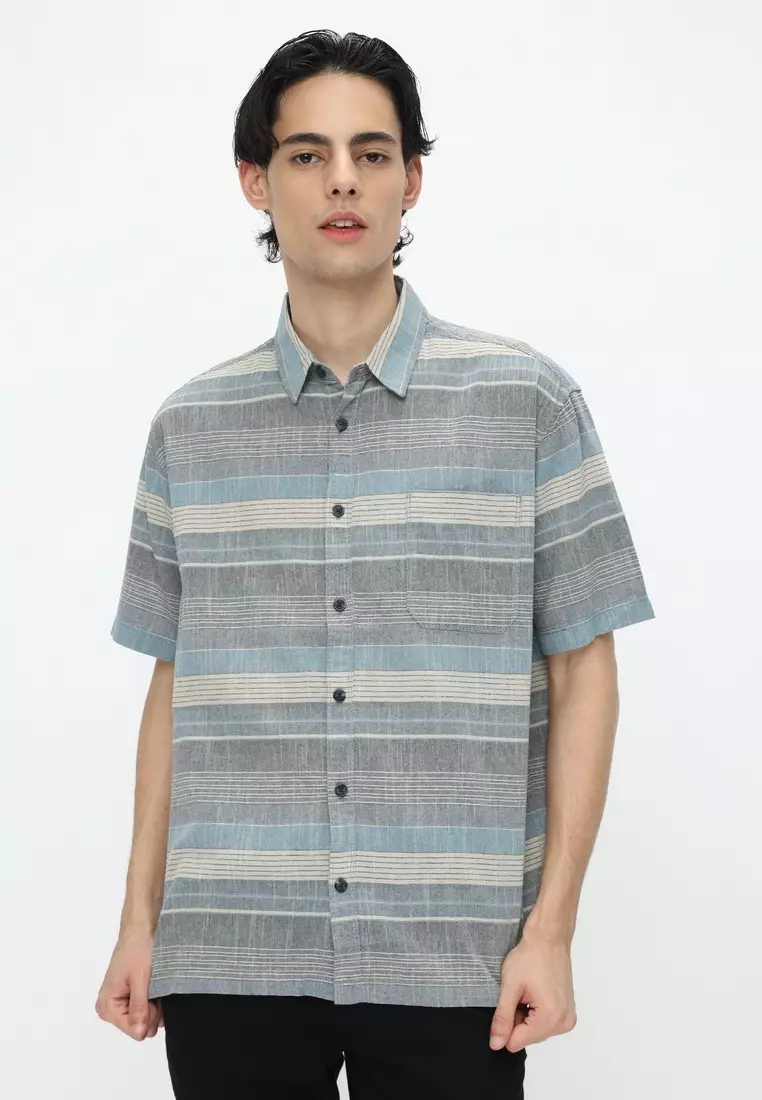 POLICE Kemeja Salur Printing Biru Regular Fit Pria