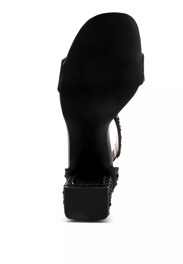 Rhinestones And Sequins Block Sandals in Black