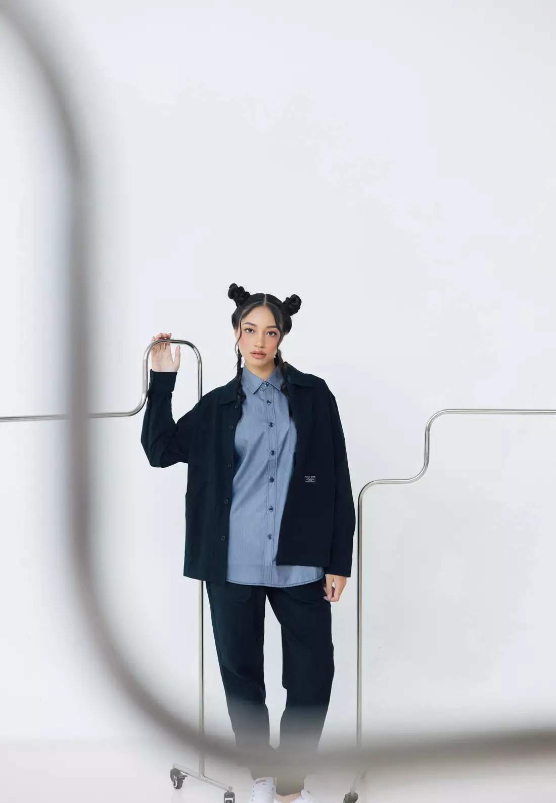 POLICE Kemeja Polos Semi Jaket Blue Black Regular Fit Lengan Panjang Pria