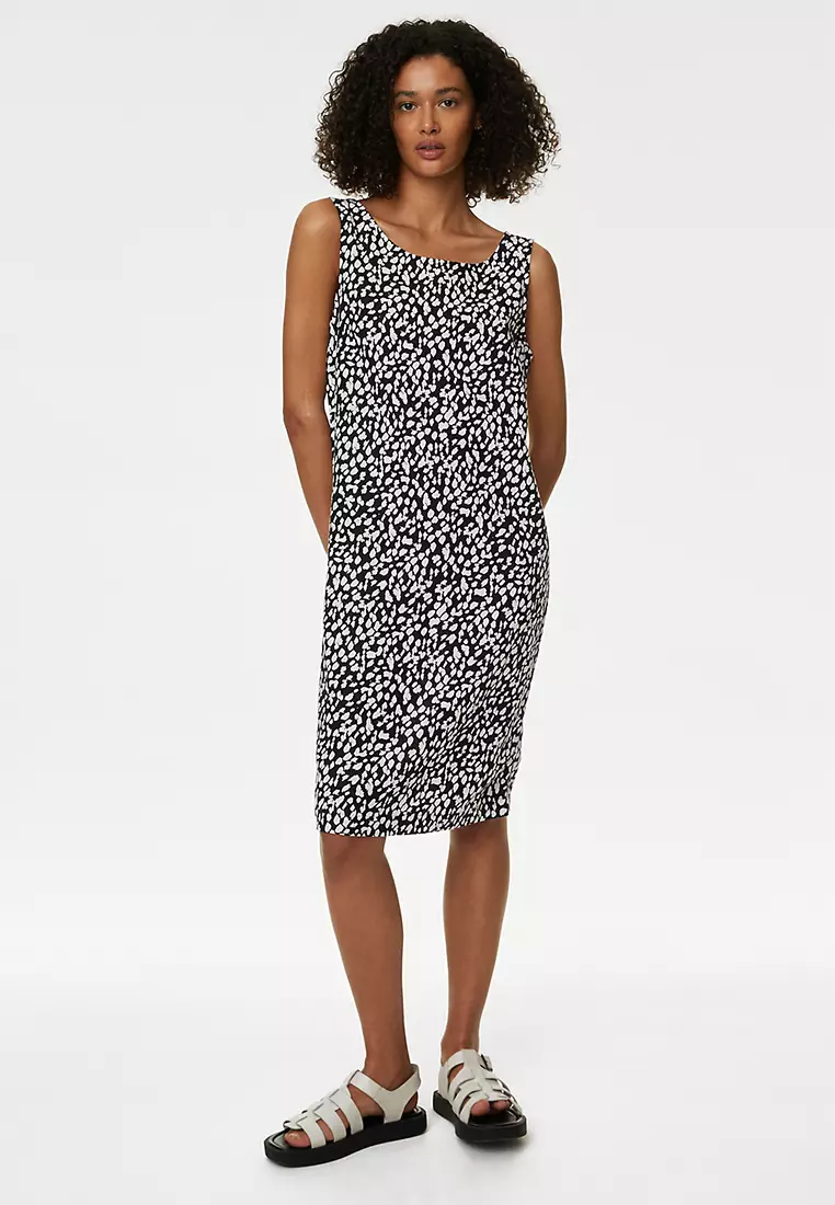 Linen Rich Printed Round Neck Shift Dress