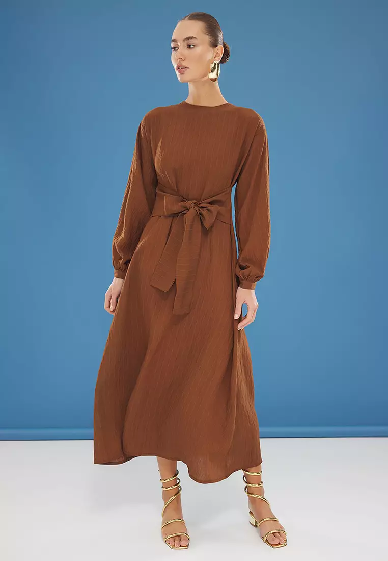 Brown Front Tie Woven Dress TCTSS24EB00131