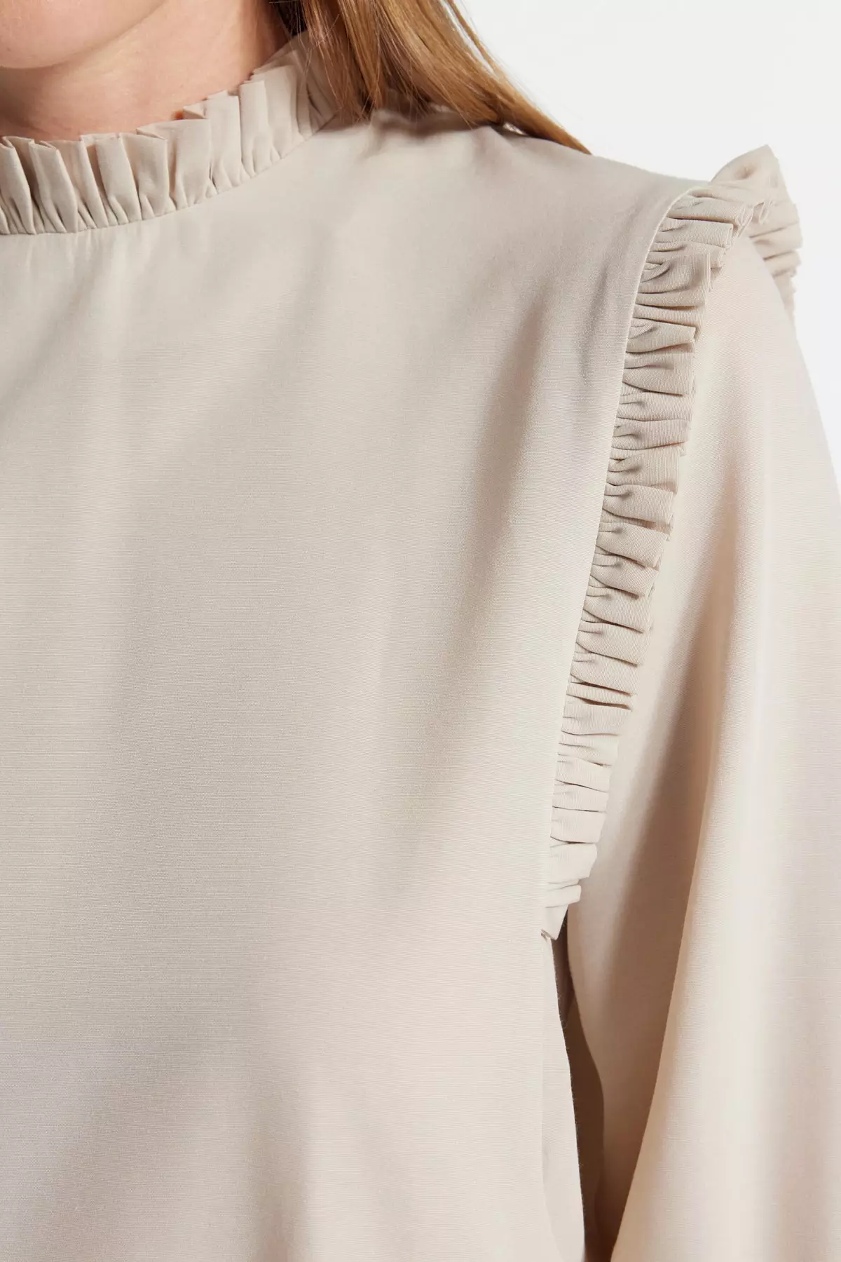 Woven Tunic with Ruffle Shoulder and Cuff