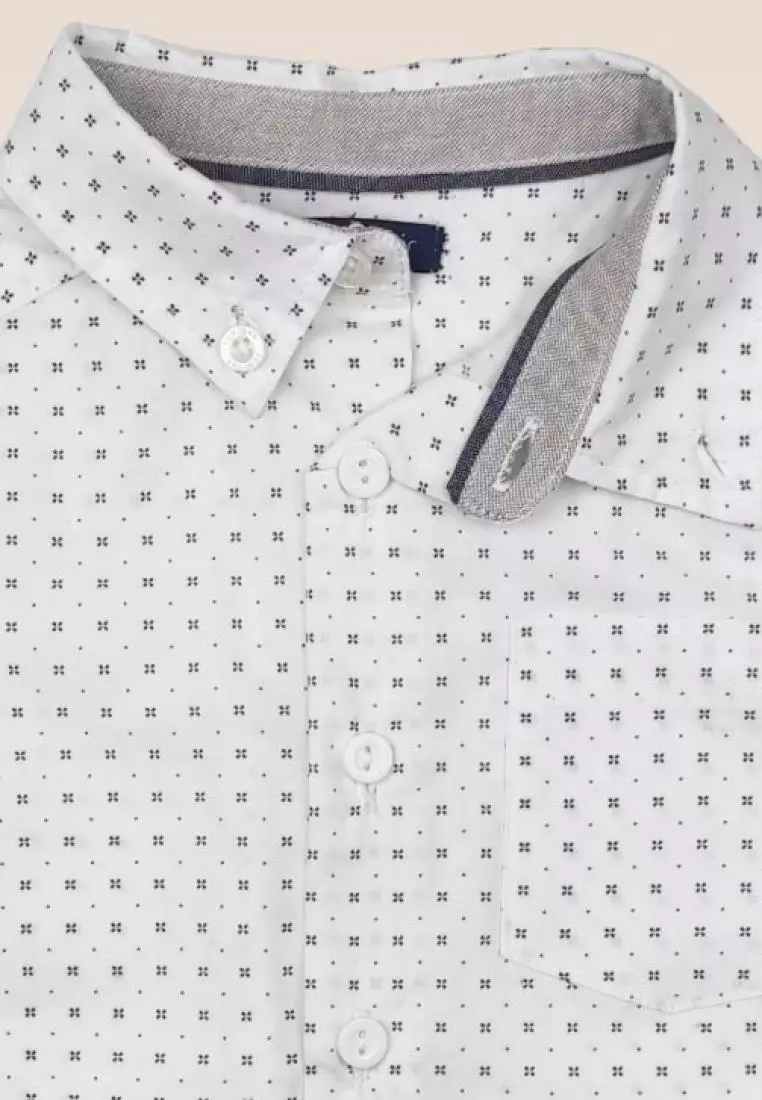 Ethan Boys White Printed Poplin Long Sleeved Button-down Shirt