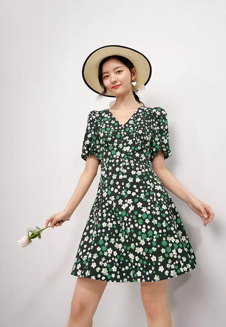 V-Neck Short Sleeve Floral Mini Dress