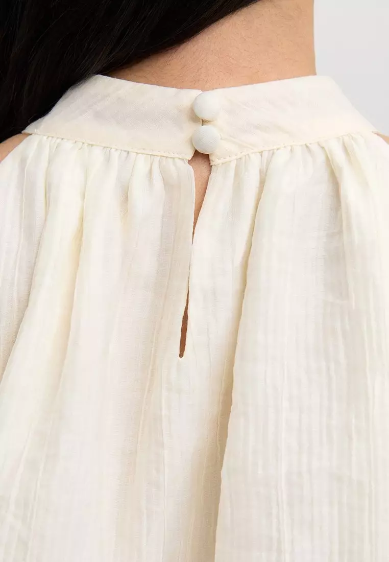 Halter Neck Blouse with Pleated Hem - Ivory