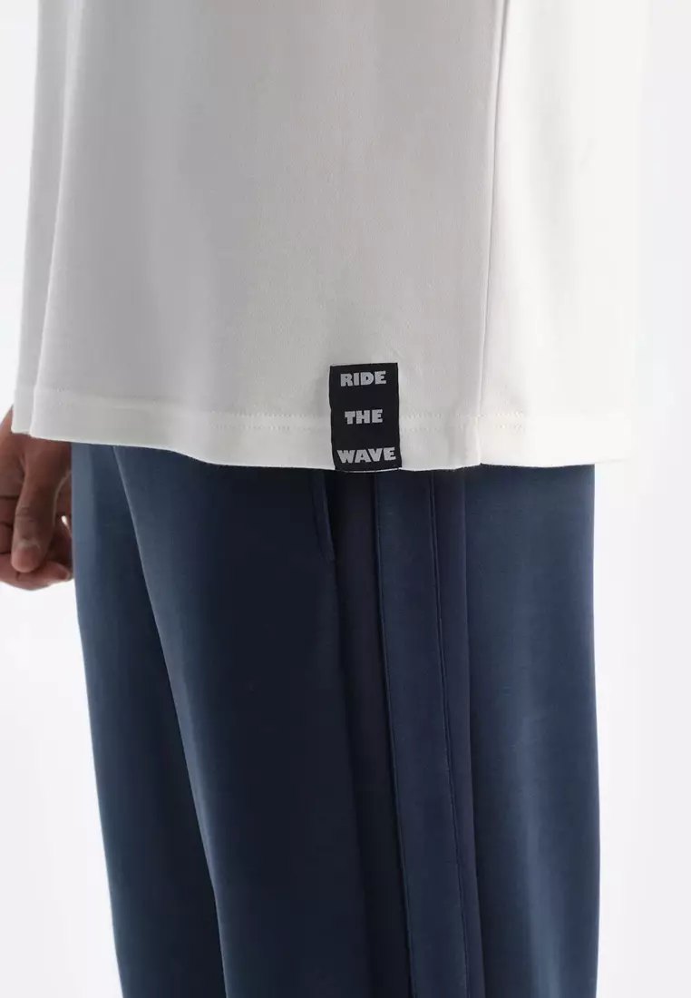 Off White T-Shirt, Sea Print, Crew Neck, Oversize, Short Sleeve Activewear for Men