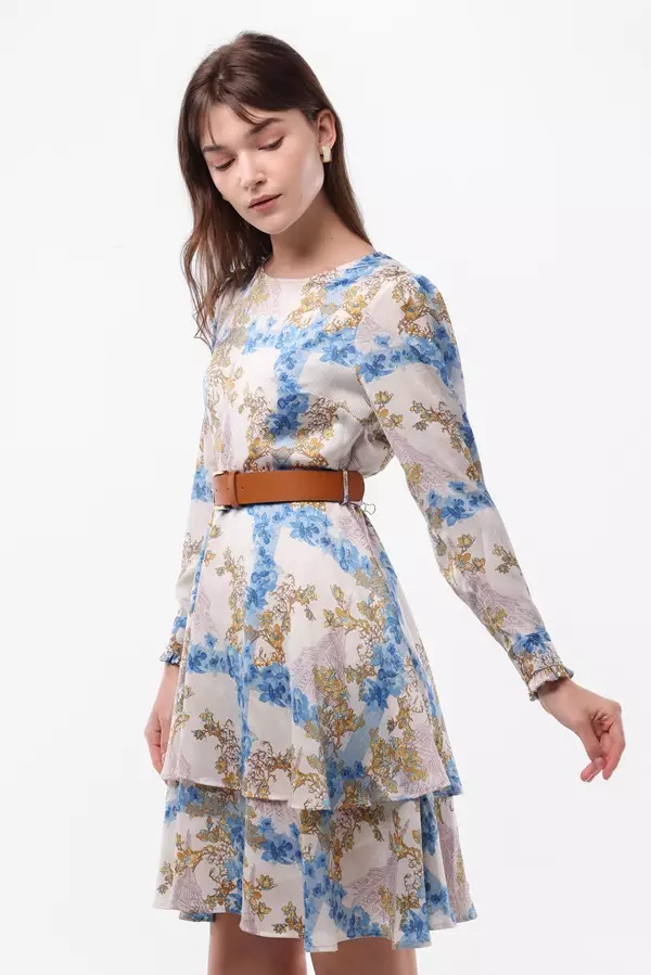 MINIMAL/Emily In Paris - Avriel - Dress Ruffle Motif Bunga - Blue Warna Blue