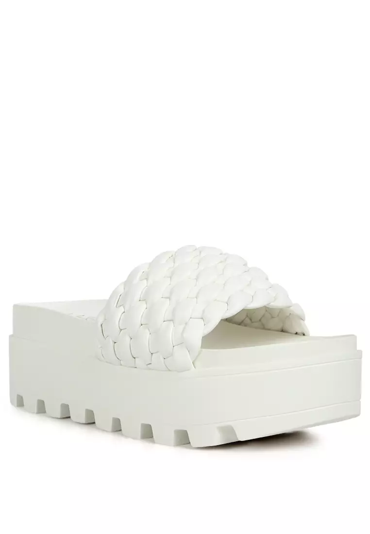 Platform Slides with Woven Textured Straps in White