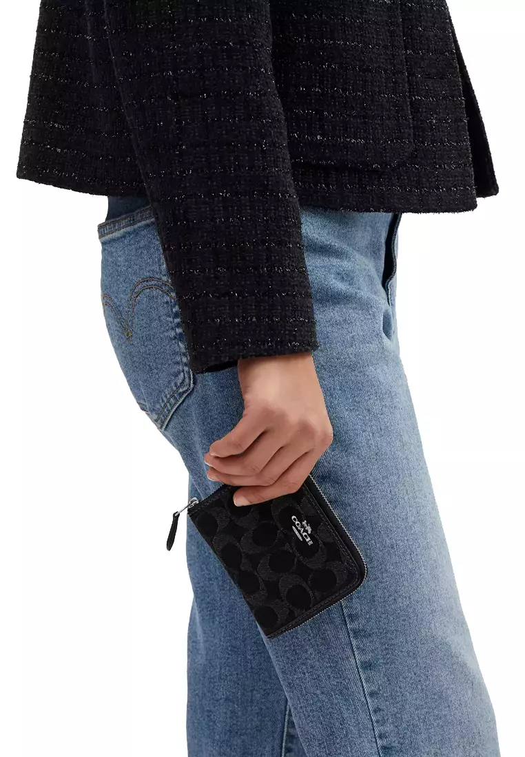 Small Zip Around Wallet in Signature Denim in Black CP431