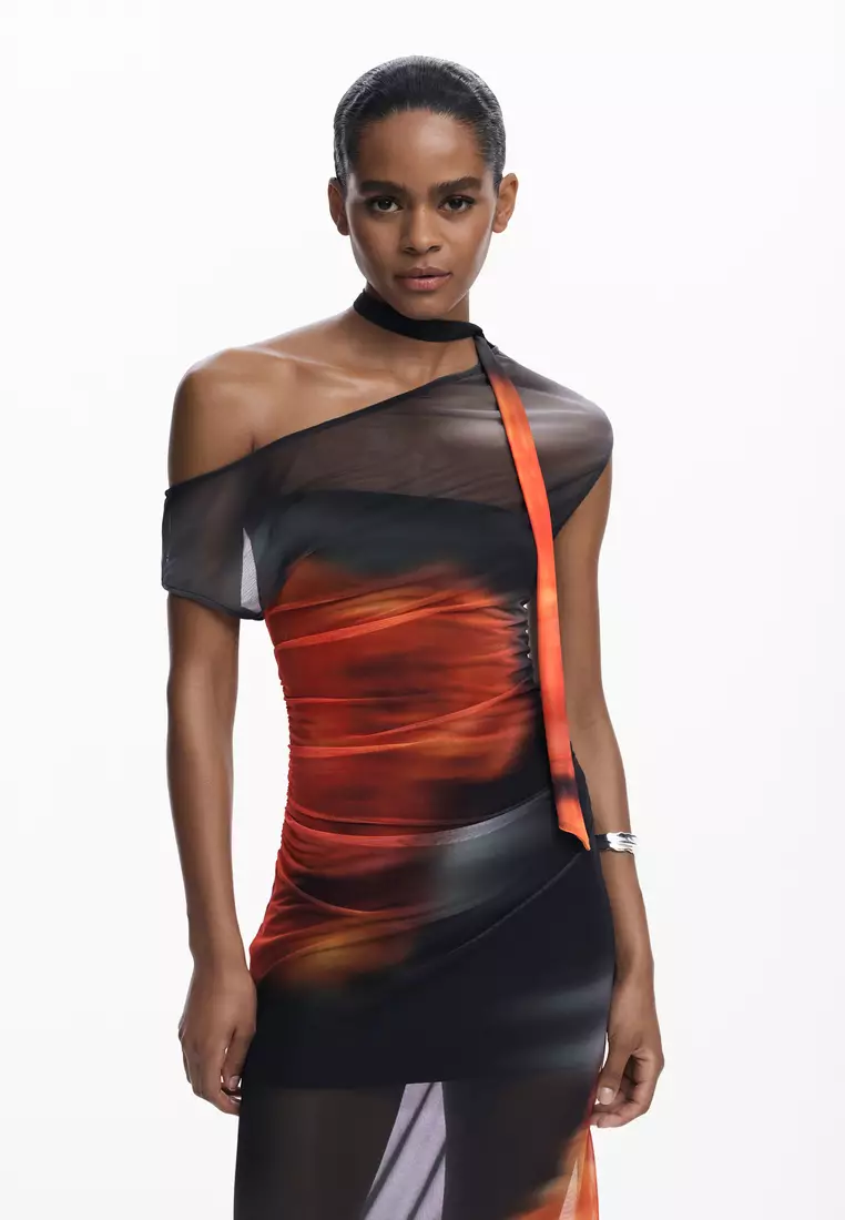 Asymmetric draped floral dress