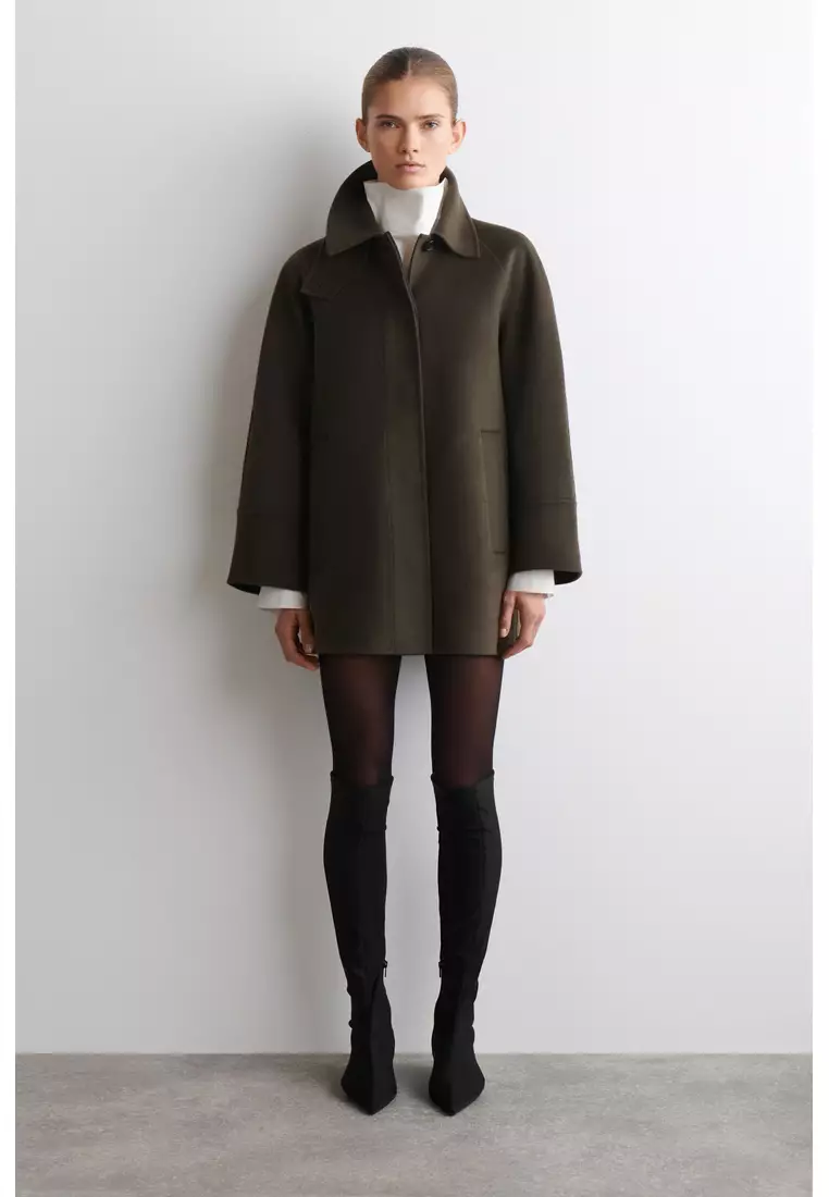 FUNNEL-NECK DOUBLE-FACED WOOL SHORT COAT