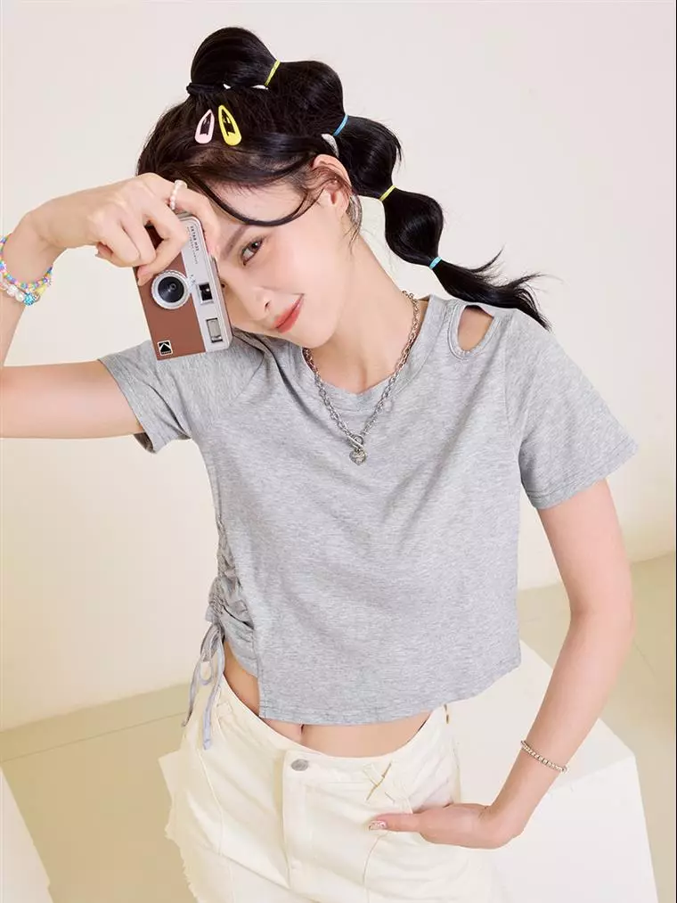 Cut-Out Drawstring Tie-Up Cropped Top [AB18765]