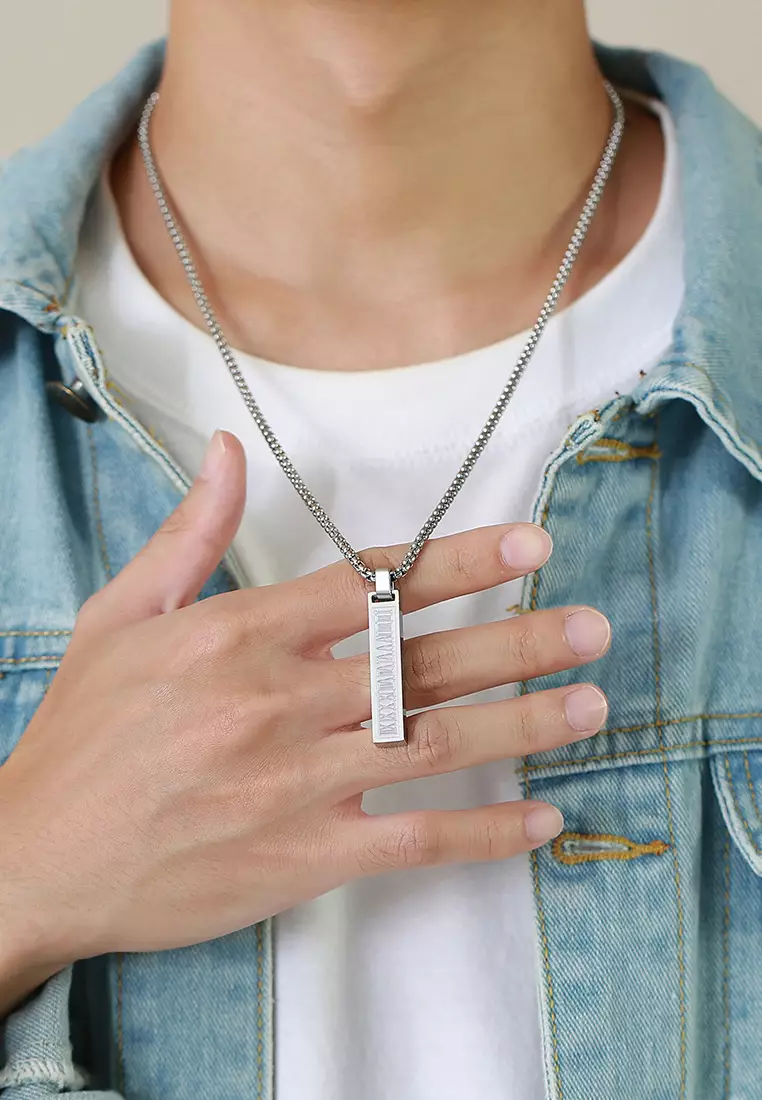 Titanium Steel Rectangular Bar Roman Numerals Pendant Necklace JW QX-1490