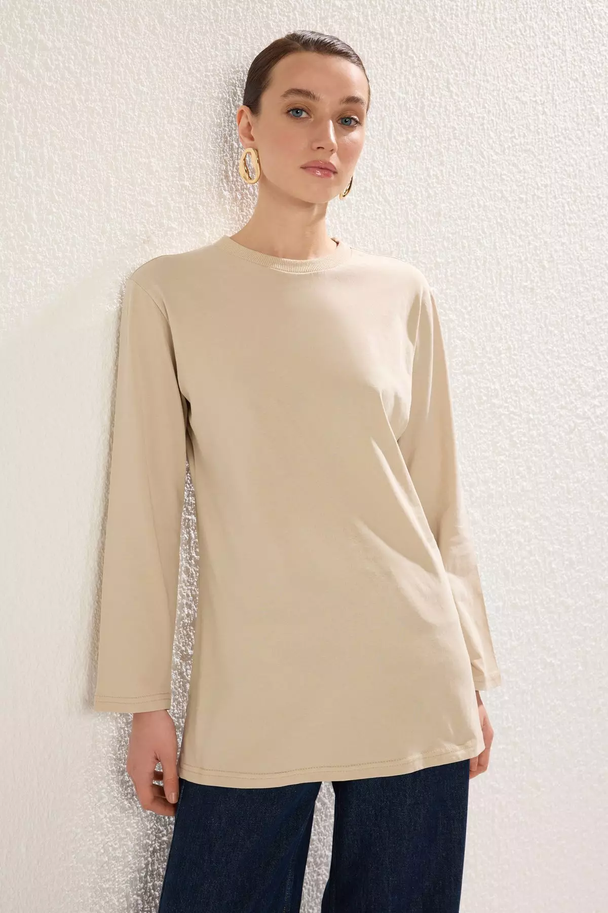 Tan Beige Long Sleeve Slit Detailed Knitted T-Shirt TCTSS25RT00000