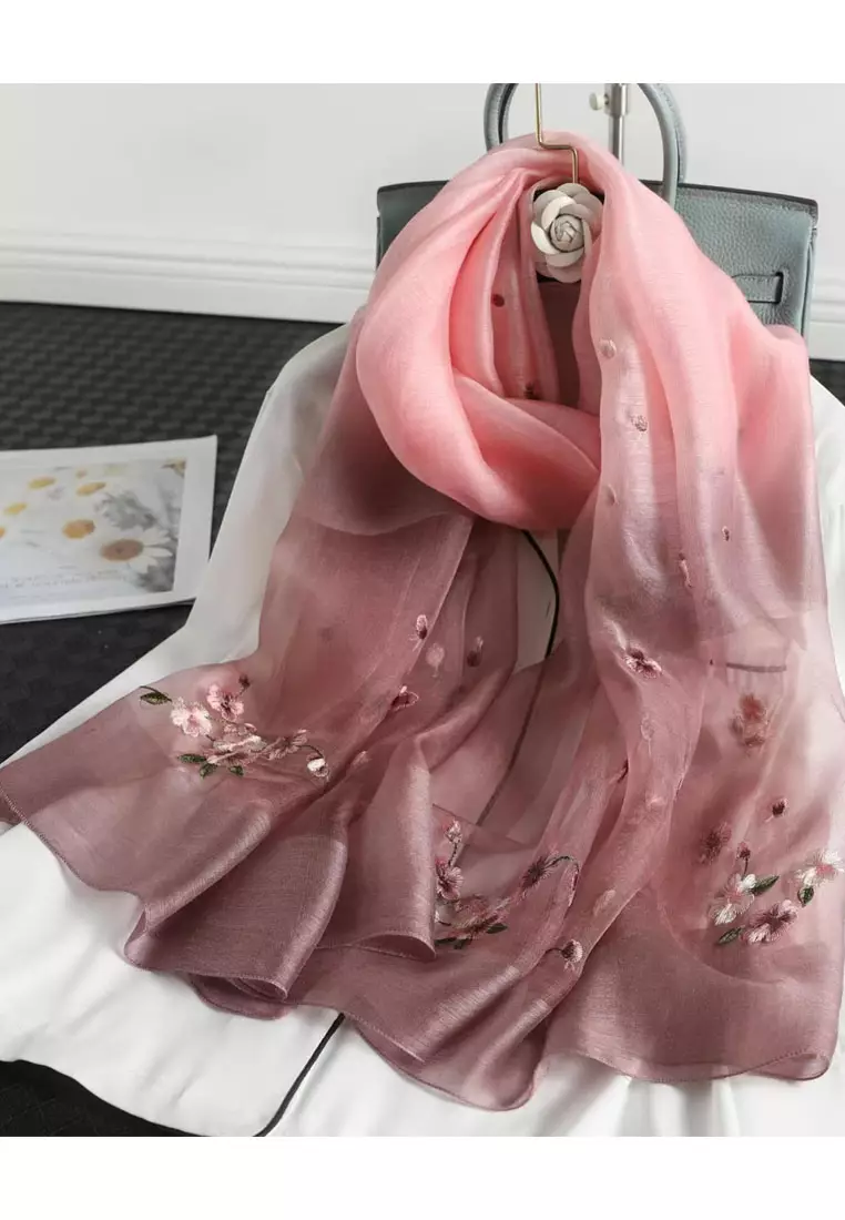 Golden Thread Gradient Embroidery Flowery Silk Shawl Syal Sutra Wanita Rose Mauve