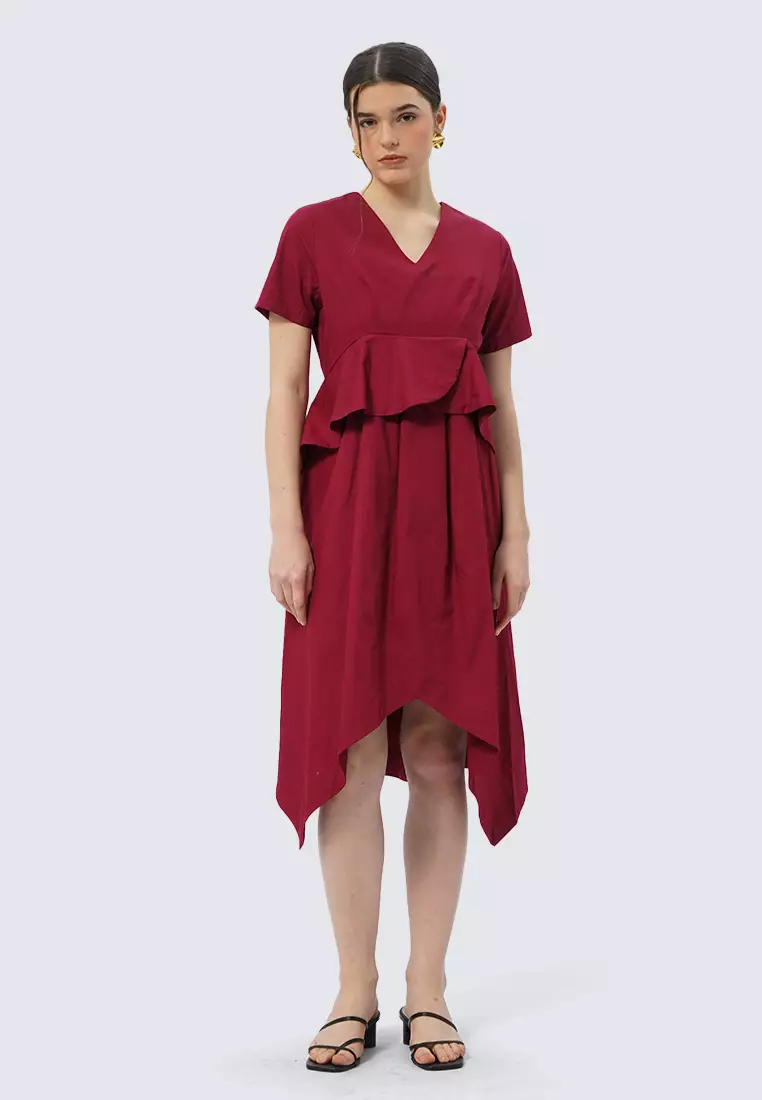 Asymmetric Short Sleeve Midi Dress MAROON