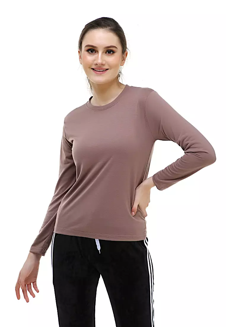 Seth Tshirt Long Sleeve Motif Polos Design Simple Atasan Wanita - Mocca