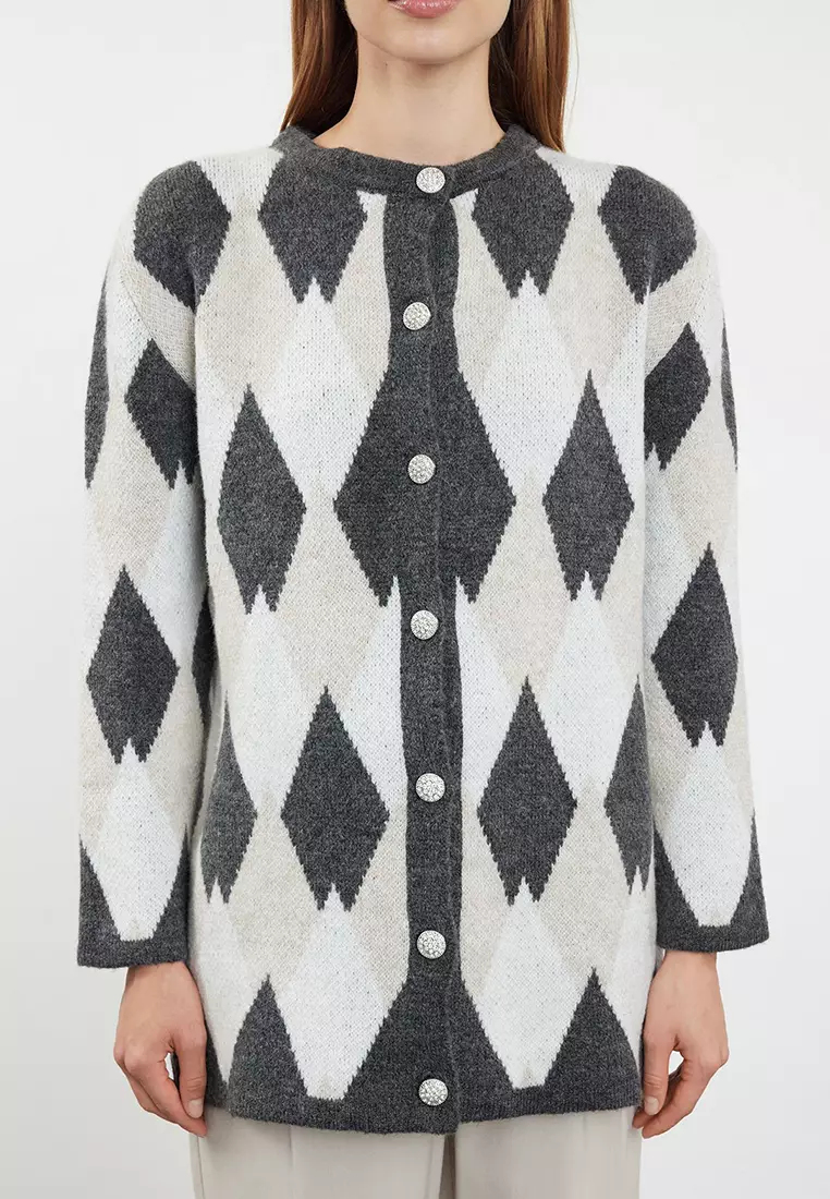 Gray Diamond Patterned Knitwear Cardigan Tctaw25Th00022
