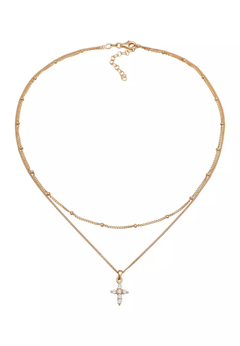 Kalung Perhiasan Perak 925 Wanita Choker Layer Cross Pendant Zirconia Gold Plated
