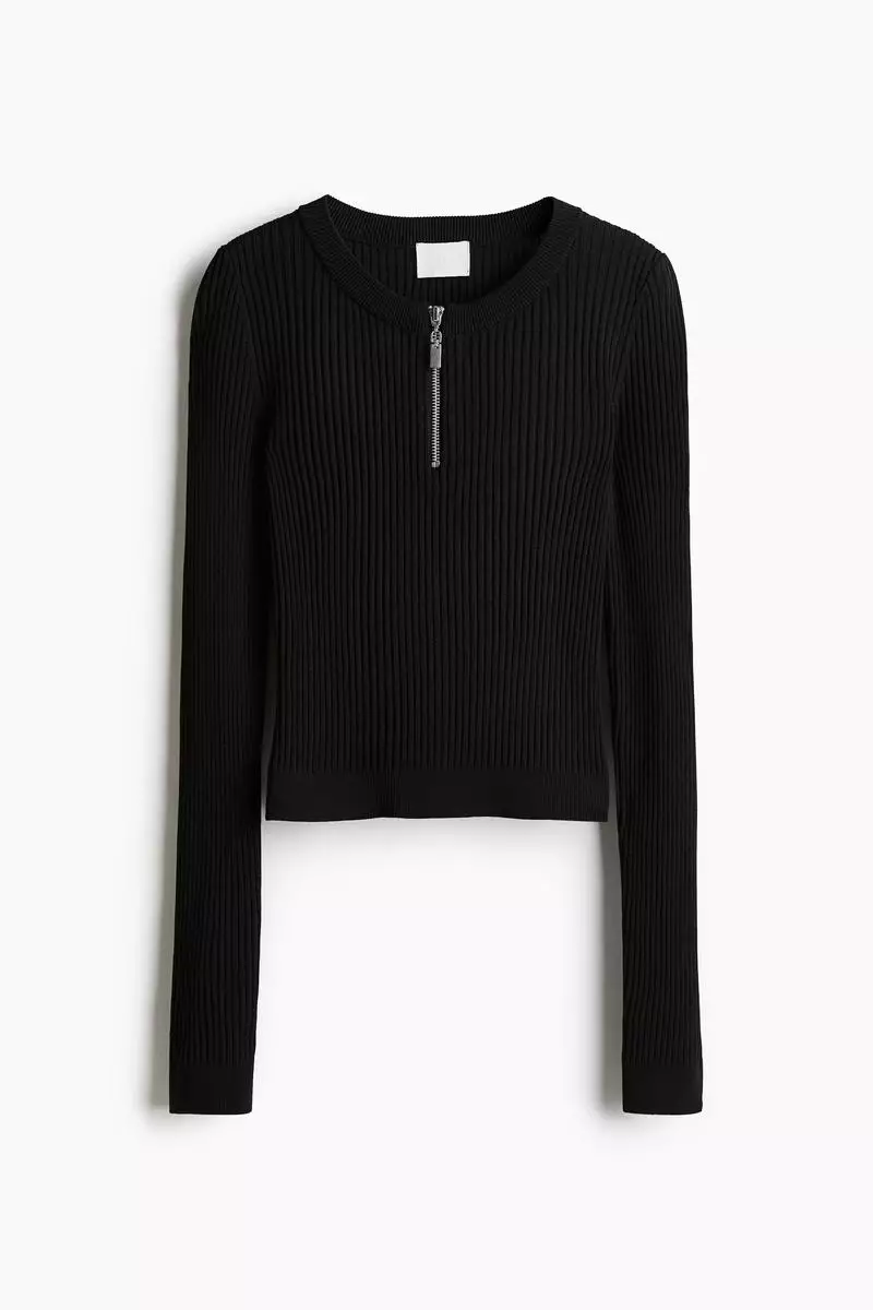 Zip-top rib-knit top