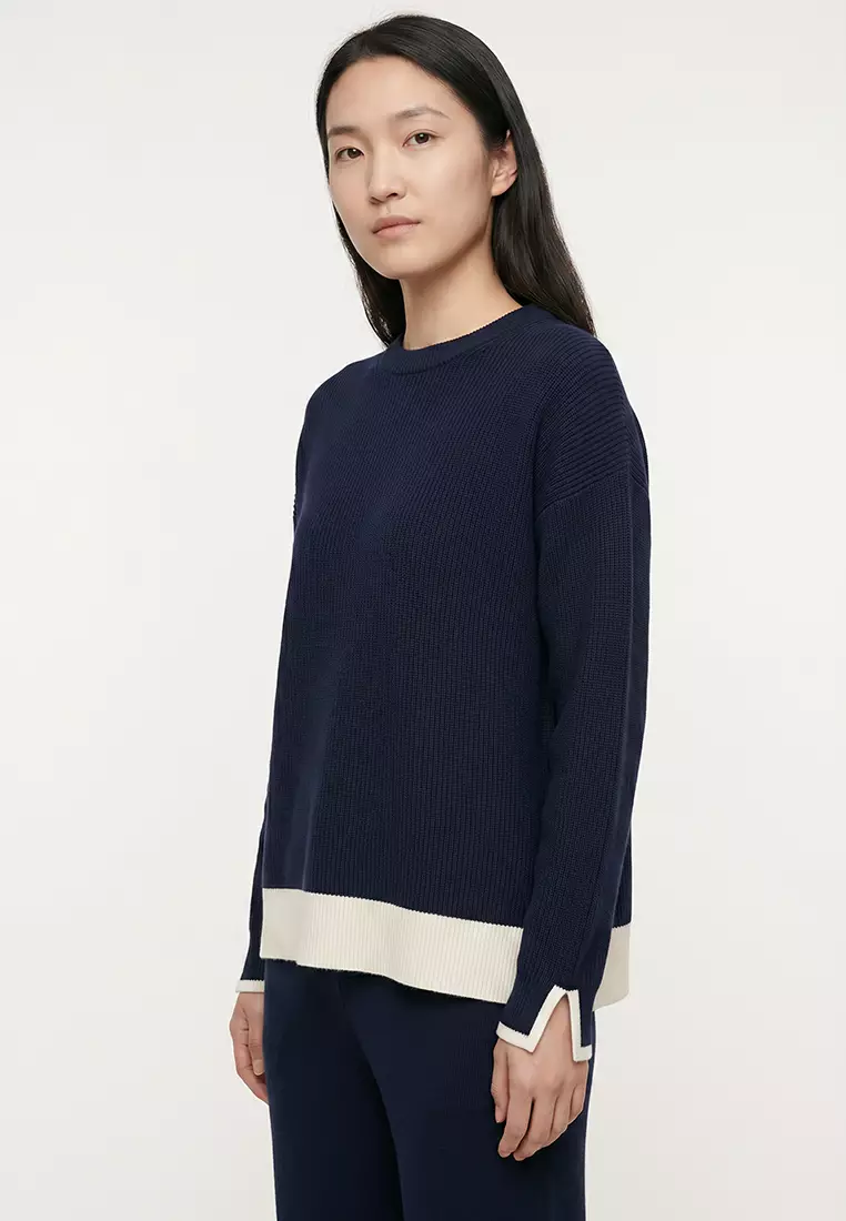 Navy Blue Wide Cut Contrast Color Knitwear Bottom-Top Set TWOAW24AU00062