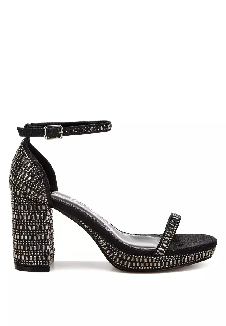 Black Rhinestones Embellished Block Sandals