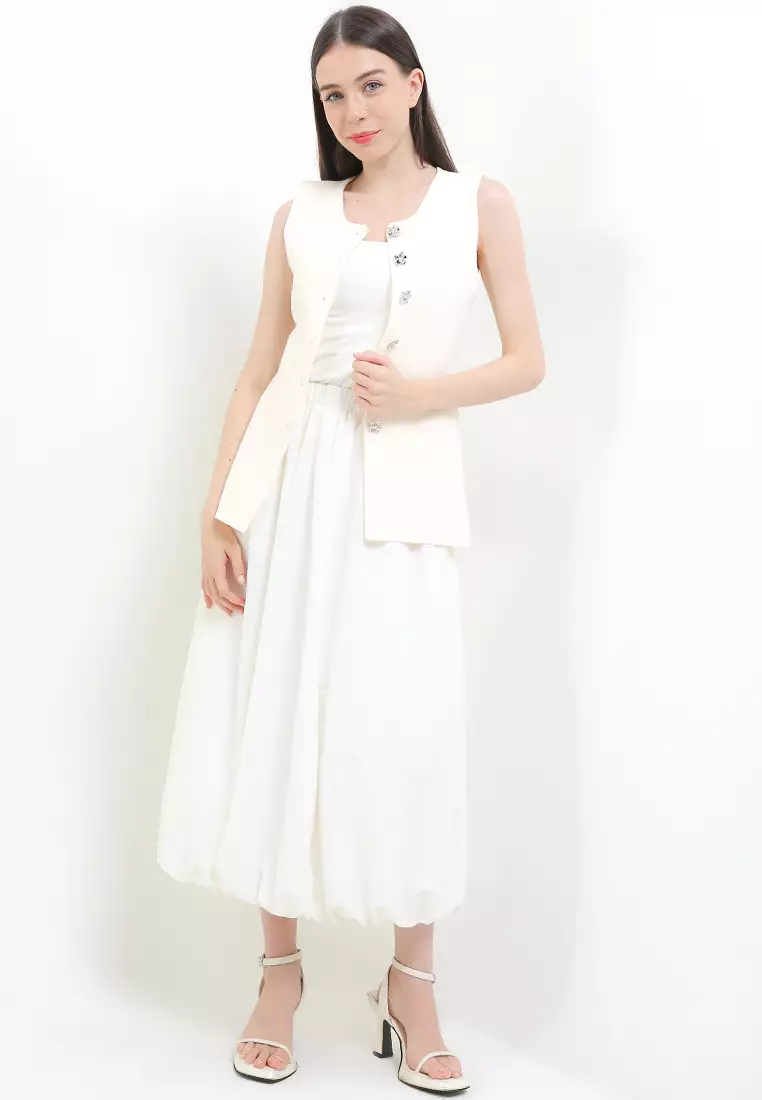 Long Tailored Square Neck Knit Vest W/ Metal Flo Buttons