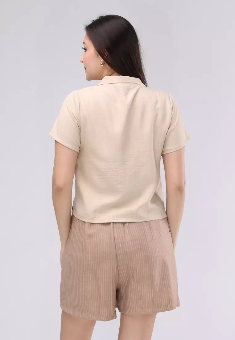 Wrinkle Line & Cotton Stripes Short Sleeves Terno Skort