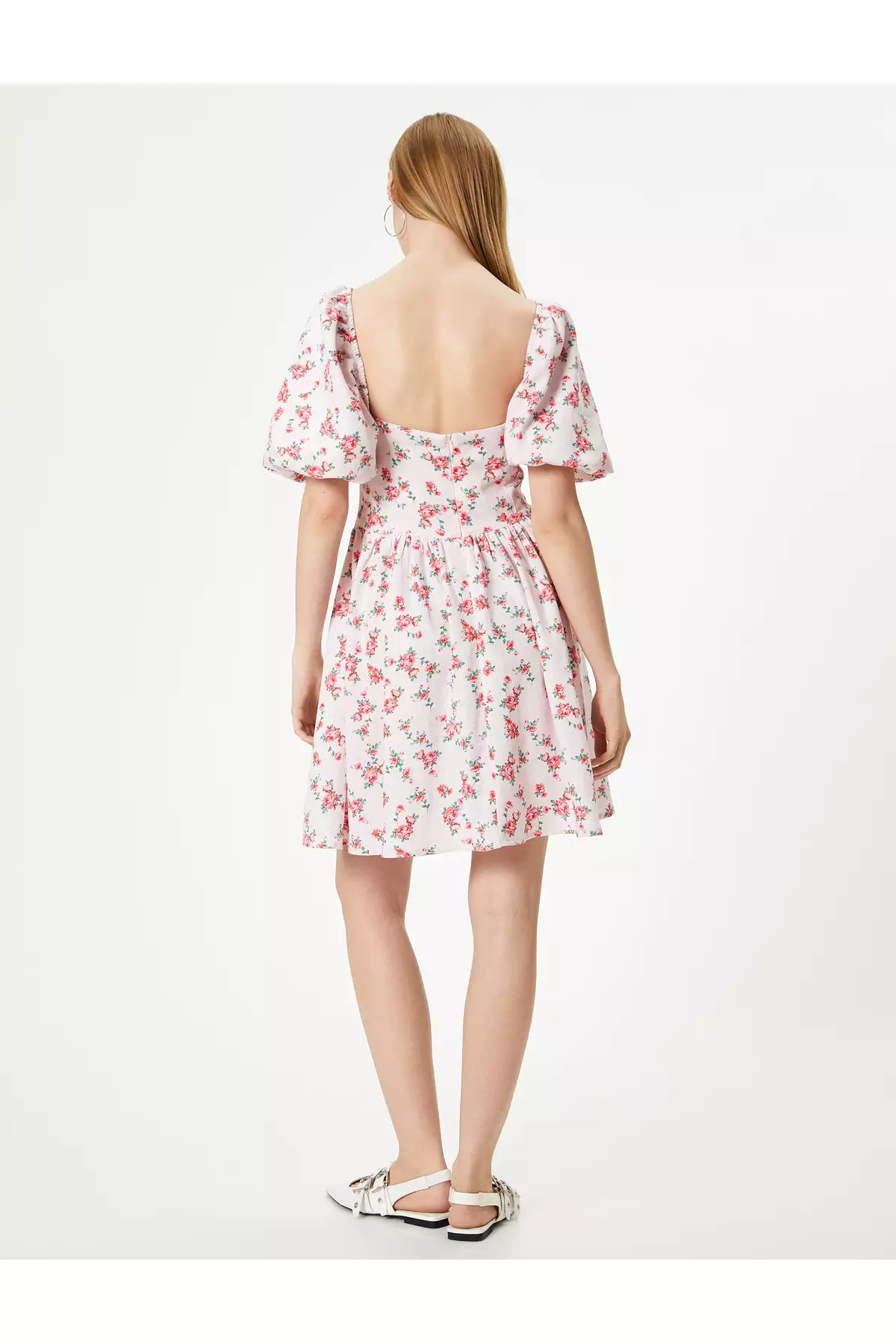 Floral Balloon Sleeve Linen Dress Mini Length Sweetheart Neckline