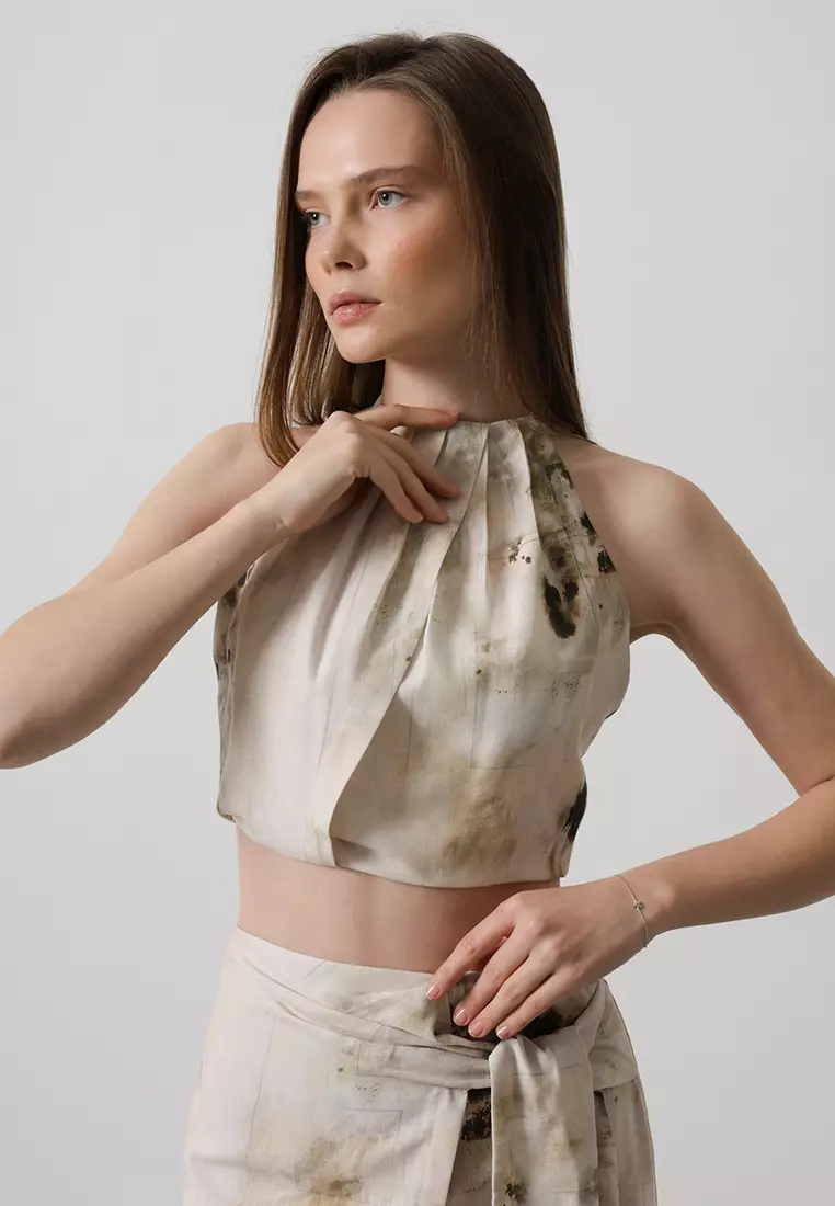 Beige Linen Look Halter Neck Crop Woven Blouse TWOSS25BZ00158