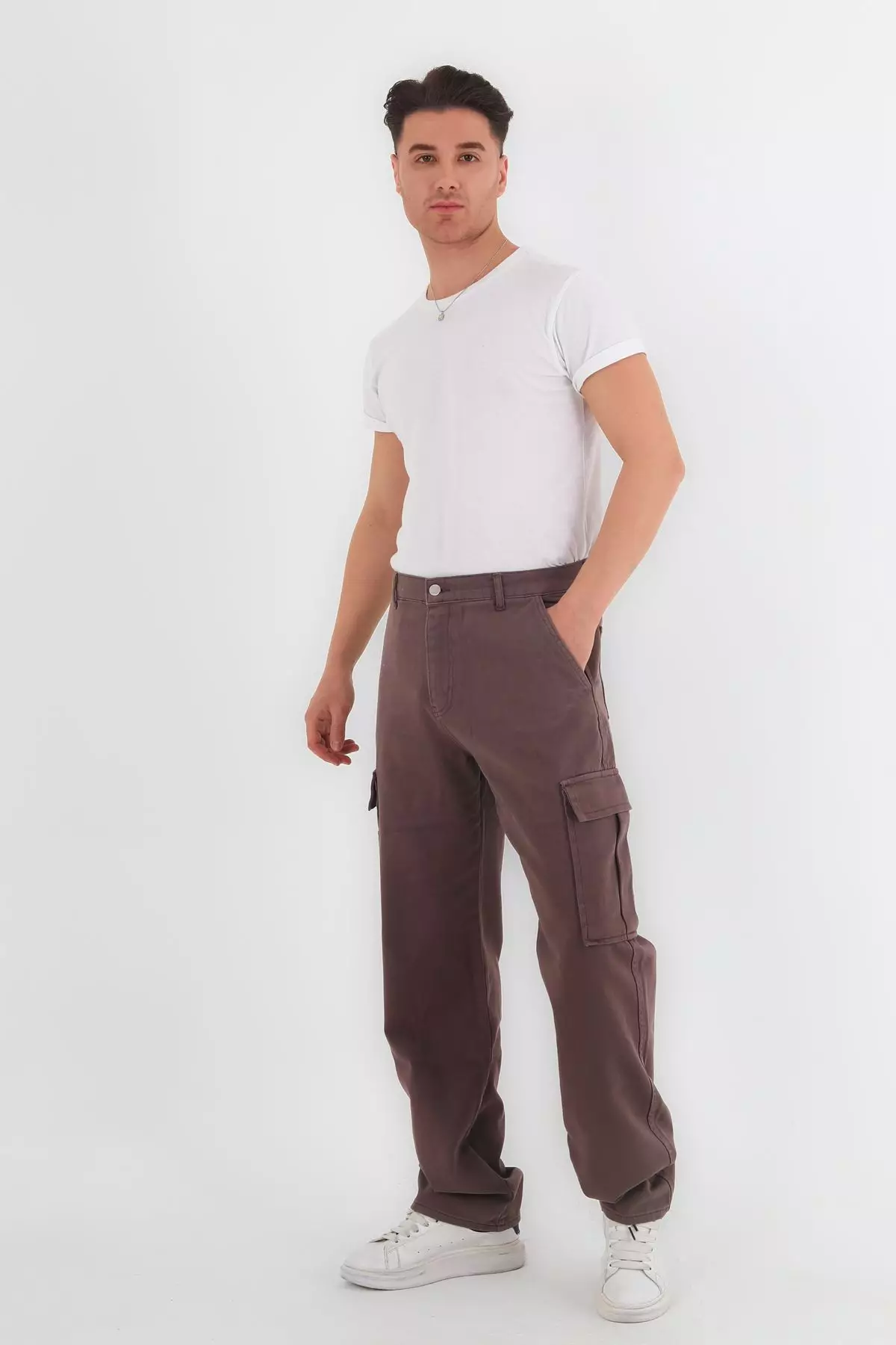 Mink Cargo Pocket Gabardine Baggy/Loose Cut 100% Cotton Casual Trousers TMNSS24PL00021