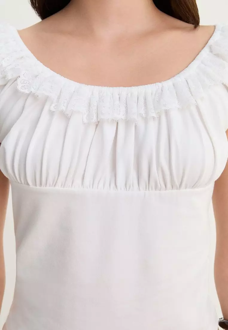 Ruffle Trim Wide Neck Top - White