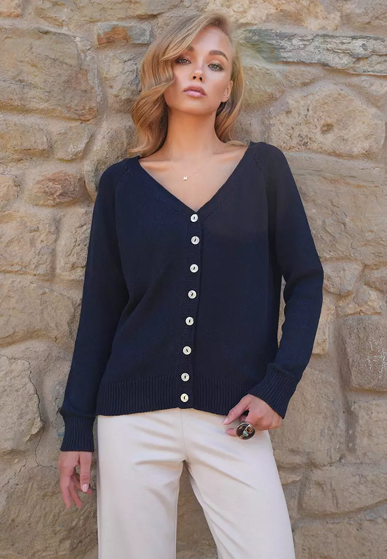 Front & Back V-Neck Button Knit Top