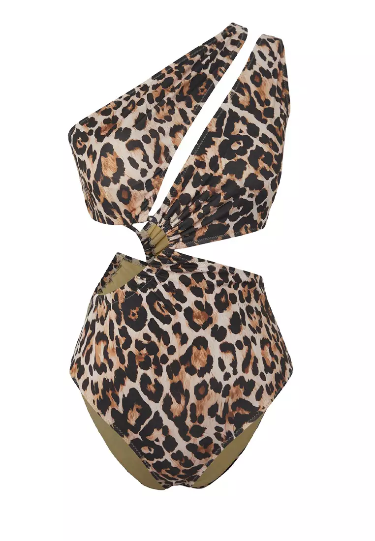 Leopard Print One Shoulder Tunnel Cut Out/Windowed Regular Core Swimsuit TBESS23MA00206