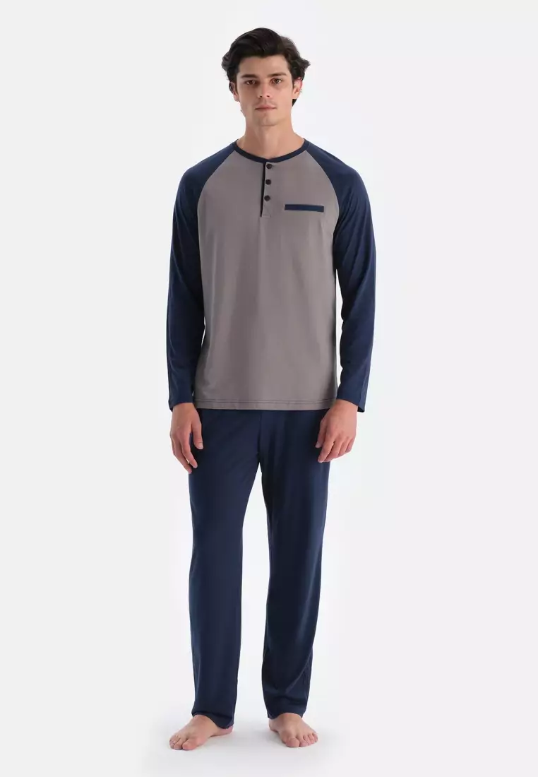 Navy T-Shirt & Trousers Set, Crew Neck, Regular Fit, Long Sleeve Sleepwear for Men