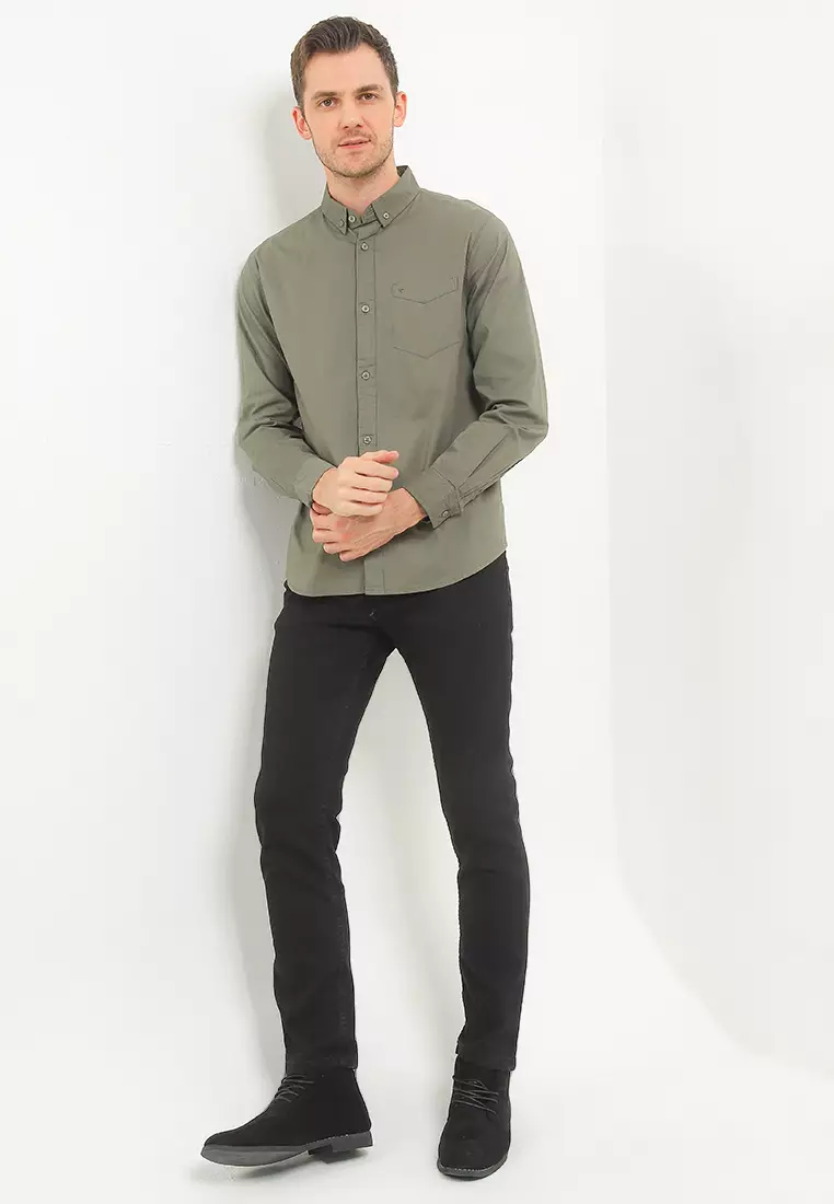 Kemeja Lengan Panjang Stretch Slim Fit - Olive
