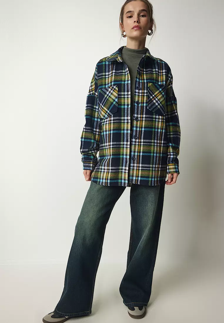 Women's Navy Blue Green Patterned Oversize Stamp Woodcutter Shirt Tu00034