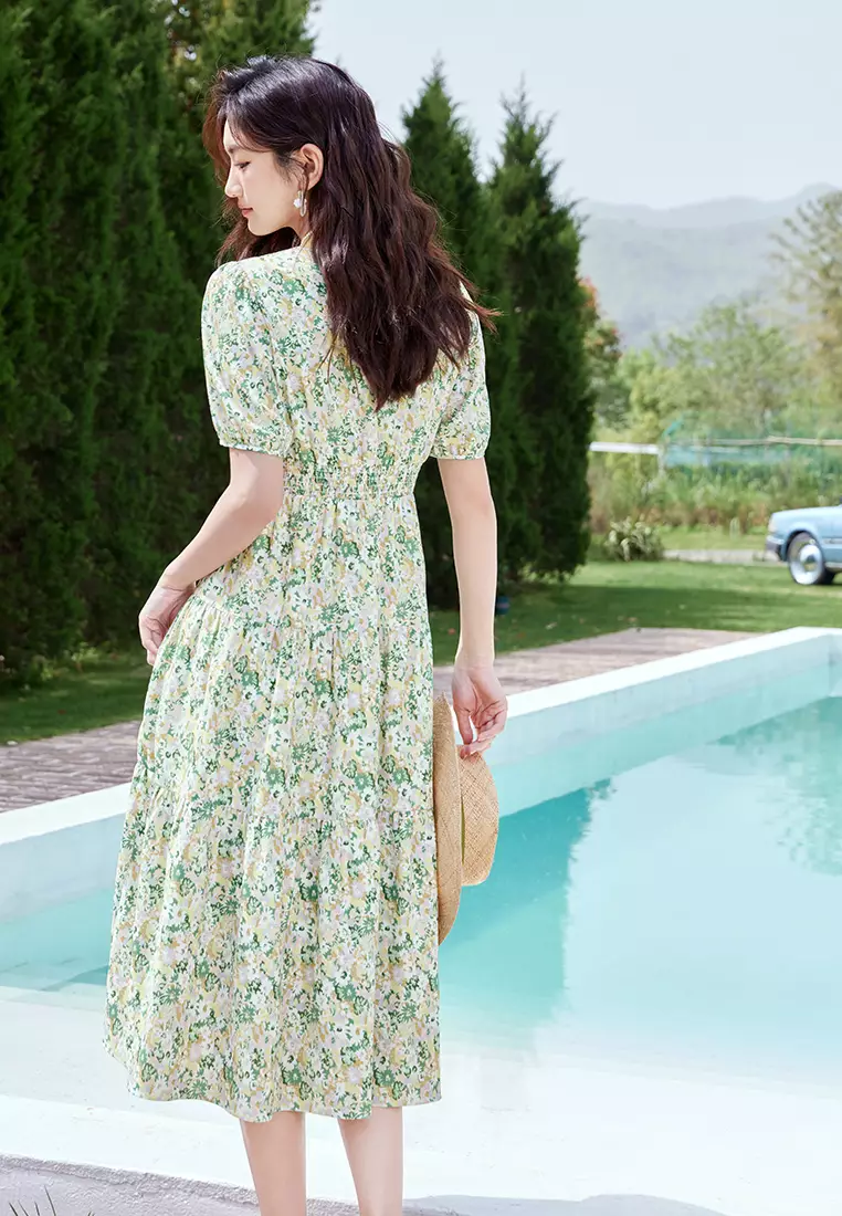 Puff Sleeve V-Neck Floral Summer Floral Dress