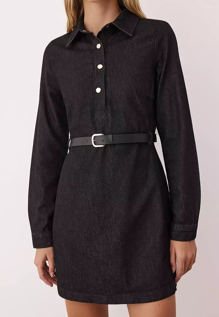 Black Shirt Collar Belted Long Sleeve Mini Denim Dress Twoaw26El00050