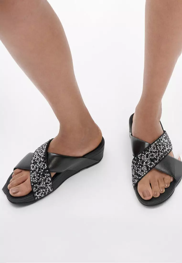 LULU Women's Crystal-Mix Metallic Cross Slides - All Black (JE2-090)