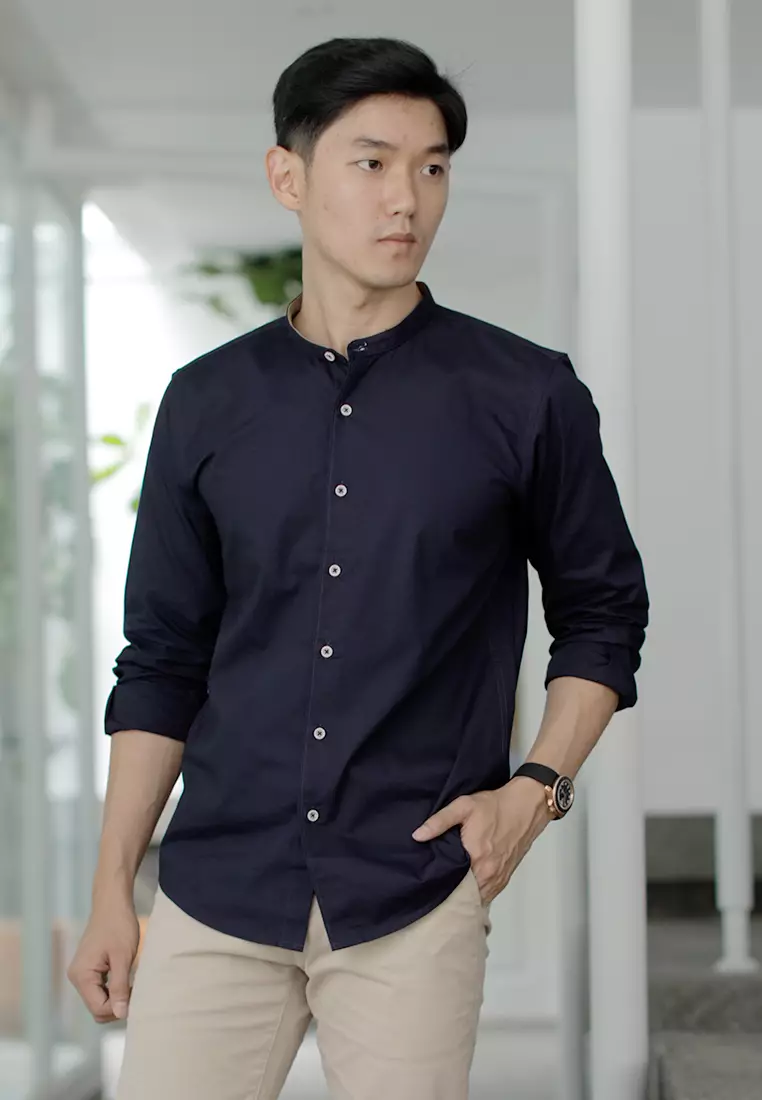Kemeja tangan panjang Collarless koko cotton oxcon Navy