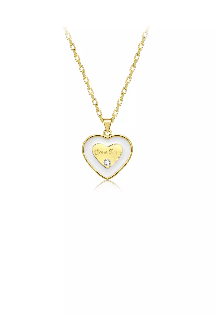 Simple and Romantic Plated Gold Enamel White Heart-shaped Pendant with Cubic Zirconia and Necklace